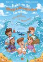 „Ferien an der Mecklenburgischen Seenplatte“ steht oben. Kinder spielen fröhlich im Wasser mit Wellen und einem Leuchtturm.