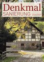 "Denkmal Sanierung 2026/2027", "Bewahren: Planung & Entwicklung", "Beleben: Sanierung & Restaurierung", "Bezahlen: Finanzierung & Förderung". Ein Fachwerkhaus im Hintergrund mit herbstlicher Umgebung.