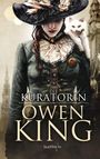 "Die Kuratorin Owen King" steht in großen Buchstaben. Eine Frau mit Hut und Katze auf der Schulter. Vintage-Stil.