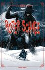 Text: "Roter Schnee". Illustration eines bedrohlichen Cowboys im Schnee mit gezückter Waffe, Reiter im Hintergrund.