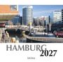 Text: "HAMBURG 2027, ELBE VERLAG." Moderne Stadtansicht mit Wasser, Brücke und Gebäuden im Hintergrund.