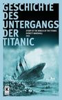 Text: „GESCHICHTE DES UNTERGANGS DER TITANIC. STORY OF THE WRECK OF THE TITANIC EVERETT MARSHALL 1912.“ 
Illustration eines sinkenden Schiffs, Menschen in Rettungsbooten.