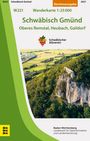 Wanderkarte Schwäbisch Gmünd, Oberes Remstal. Logo mit Blättern. Aquarellierte Landschaft mit Felsen und Bäumen.