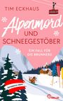 "Alpenmord und Schneegestöber" oben; Illustration: Berglandschaft, Skifahrer Eichhörnchen, Feuerwerkskörper, Tannen.
