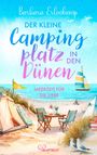 Titel: Der kleine Campingplatz in den Dünen. Illustration zeigt Zelte am Strand mit Meerblick.