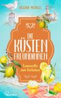 „Regina Mengel. Die Küstenfreundinnen: Limoncello zum Verlieben.“ Illustration: Strand, Zitrone, Getränk, Möwe, Leuchtturm.