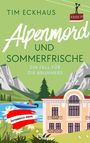 Cover eines Krimiromans: "Alpenmord und Sommerfrische" von Tim Eckhaus. Illustration: Seilbahn, Berge, See, Villa.