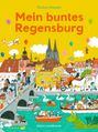 „Mein buntes Regensburg“ und „edition buntehunde“ in einer lebhaften Illustration mit Menschen, Gebäuden und Booten auf einem Fluss.