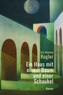 Text: "Iris Antonia Kogler, Ein Haus mit einem Baum und einer Schaukel, Roman."  
Illustration: Abstrakte Architektur, geometrische Formen, nächtlicher Himmel mit Mond.