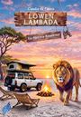 Text: "Claudia du Plessis, LÖWEN LAMBADA, Ein Namibia-Reisekrimi." Landschaft mit Jeep, Lagerfeuer, einem Löwen und Sonnenuntergang.