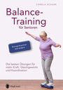 Balance-Training für Senioren. Sturzprävention mal anders. Frau auf Balancegerät.