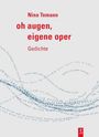 Nina Temann. "oh augen, eigene oper". Gedichte. Wellenförmig angeordnete blaue Worte fließen über den Hintergrund. Unten links ein rotes Logo.
