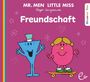 Text: "MR. MEN LITTLE MISS, Roger Hargreaves, Freundschaft." Illustration: Zwei fröhliche Figuren auf lila Hintergrund.