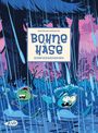 "Matthias Lehmann. Bohne & Hase. Kirschkernregen." Zwei comicartige Figuren laufen fröhlich durch Regen in einem Wald.