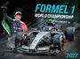 "FORMEL 1 WORLD CHAMPIONSHIP 2027." Ein Rennfahrer jubelt mit einer Trophäe, neben einem Formel 1 Auto.