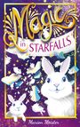 „Magic in Starfalls“ und „Marion Meister“. Illustration mit weißen Kaninchen, Büchern und Sternen vor lila Hintergrund.