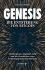 Text: "GENESIS: DIE ENTSTEHUNG VON BITCOIN" und mehr. Illustration mit stilisiertem Bitcoin-Symbol und strahlenförmigen Linien.