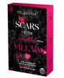 Text: "D.C. ODESZA. SCARS OF THE beautiful VILLAIN. Auf dem Schlachfeld wird nicht nach fairen Regeln gespielt. Jede Sünde weckt den Teufel und öffnet das Tor zur Hölle!" Stil: Schwarz-pinkes Buchcover mit geometrischem Muster, Herz und Zielscheibe.