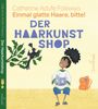 Titel: "Der Haarkunst Shop". Illustration eines Kindes mit lockigem Haar, das auf einer Bank liest. Ein Vogel sitzt auf einem Ast.