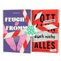"FEUCHT & FROMM", "GOTT KANN auch nicht ALLES", "ANTI TOXIC CHURCH". Zwei Buchcover mit rot-weißem Band.
