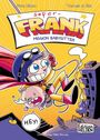 Text: "super-FRANK MISSION BABYSITTER", "HEY!", "Edition HELDEN". Illustration von einem Superhelden mit Baby über einer Stadt fliegend.