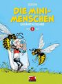 "Die Minimenschen Gesamtausgabe 1979-1982" in großen Buchstaben. Eine Figur in einem Glas von riesigen Wespen umgeben.