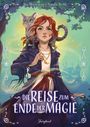 Cover von "Die Reise zum Ende der Magie" von Ria Moorstein und Natalie Behle. Eine Frau mit rotem Haar und Katze im Wald.