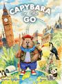 „Capybara on the Go“: Eine Illustration mit einem Capybara als Reisenden, umgeben von Big Ben, einem Tukan und Panda.