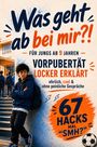 Text: "Was geht ab bei mir?!", "Für Jungs ab 9 Jahren", "Vorpubertät locker erklärt", "67 Hacks mal 'SMH?'".  
Ein Junge lehnt an einer Wand und schaut nachdenklich.