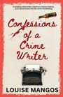Text oben: „A budding crime writer...”. Titel: „Confessions of a Crime Writer”. Unten: „Louise Mangos”. Schreibmaschine.