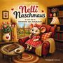 „Nelli Naschmaus und das Geheimnis der Schokolade“. Eine entzückende Maus in rotem Kleid isst Schokolade in gemütlicher Stube.