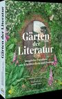 „Gärten der Literatur“ ist ein Buchcover mit einer üppig blühenden Illustrationen von Pflanzen und einem Torbogen.