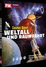 Aufschrift: "Cosmic Quest - Weltall und Raumfahrt". Verschiedene Planeten, ein Teleskop und eine Rakete im Weltraum.