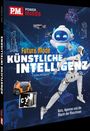 Titel: "Future Mode KÜNSTLICHE INTELLIGENZ". Farbige Illustrationen futuristischer Roboter und Technologie.