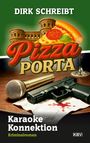 "Karaoke Konnektion Kriminalroman" in weißem Text, Mikrofon, Pistole, Pizzastück vor römischem Gebäude.