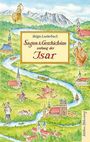 „Sagen & Geschichten entlang der Isar“ von Helga Lauterbach. Aquarellillustration einer Flusslandschaft mit Figuren.