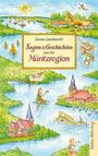 "Susan Lambrecht, Sagen & Geschichten aus der Müritzregion." Eine Illustration mit Flusslandschaft und mythischen Figuren.