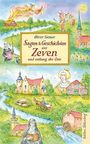 „Oliver Siemer: Sagen & Geschichten aus Zeven und entlang der Oste.“ Illustration: bunte Landschaft mit historischen Gebäuden.