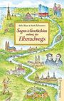 „Sagen & Geschichten entlang des Elberadwegs“ von Eelke Bloom & Karin Sohnemann. Illustration mit Flusslandschaft.