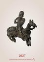 2027 LANDESARCHÄOLOGIE BREMEN. Eine historische Skulptur zeigt einen Reiter auf einem verzierten Pferd.
