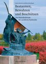 Text: "Bestaunen, Bewahren und Beschützen. Die Kleindenkmale im Landkreis Karlsruhe." Statue mit Fahne vor buntem Herbsthintergrund.