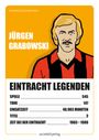 "Jürgen Grabowski", "Eintracht Legenden", Illustration eines Mannes mit Schnurrbart in Sporttrikot, oranger Hintergrund.