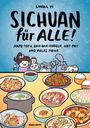 Text: "Linda Yi, Sichuan für alle! Mapo Tofu, Dan-Dan-Nudeln, Hot Pot und vieles mehr." Cartoon-Stil, Gerichte auf einem Tisch.
