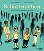 „Schattenleben: Menschen ohne Papiere erzählen“. Illustration von Personen vor schattenhaften Figuren auf türkisfarbenem Hintergrund.