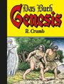 „Das Buch Genesis“ von R. Crumb. Farbige Illustration: Zwei Menschen in primitiver Kleidung vor einem alten Mann, der auf sie zeigt.