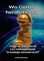 "Wo Götter herabstiegen." Darunter eine kleine goldene Statue vor einem kosmischen Hintergrund.