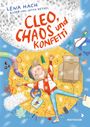 "Cleo, Chaos und Konfetti" in roter Schrift. Ein fröhliches Kind liegt auf Konfetti unter einer Discokugel.