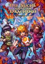 Titel: "Die Suche nach dem Drachenei" - bunte Charaktere mit Abenteuerrucksäcken, umgeben von fliegenden Drachen.