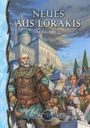 "Neues aus Lorakis", Ausgabe 3, Abenteurer vor einer Burg, ein Junge hält ein Schriftstück hoch, lebendige Szene.
