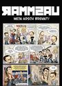 Logo-Text: RAMMZAU. Darunter Text: MEIN ARSCH BRENNT!  
Comic: Personen sprechen über die Suche nach einem Sänger. Humorvolle Dialoge und Szenen.